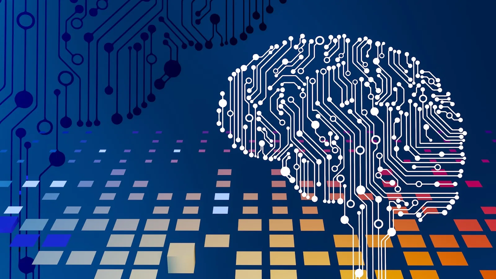 A glowing neural network over a circuit board
