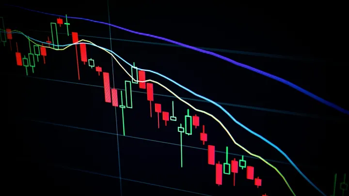 A red candlestick stock chart falling sharply lower