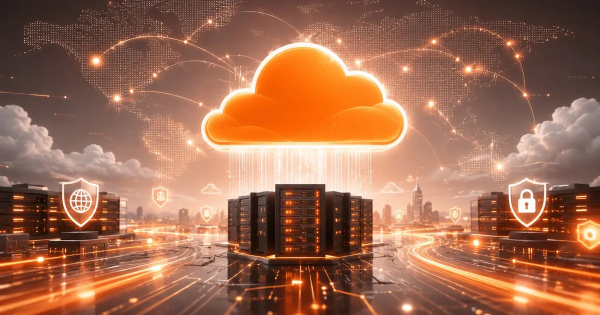 A glowing cloud over a global server network