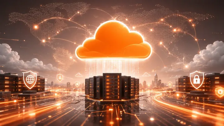 A glowing cloud over a global server network