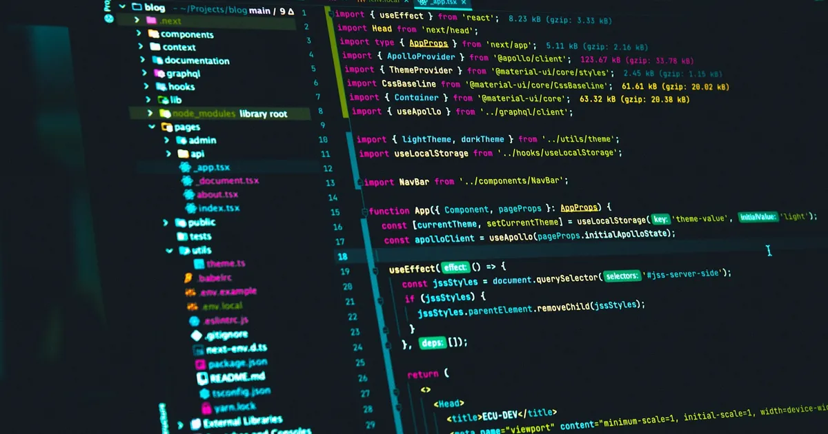 A dark code editor displaying colorful JavaScript source code
