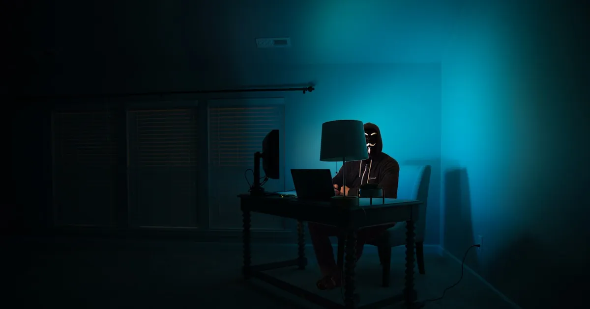 A person working at a computer in a dark room lit by teal light