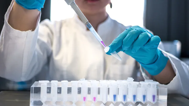 A gloved hand using a laboratory pipette over a row of sample vials