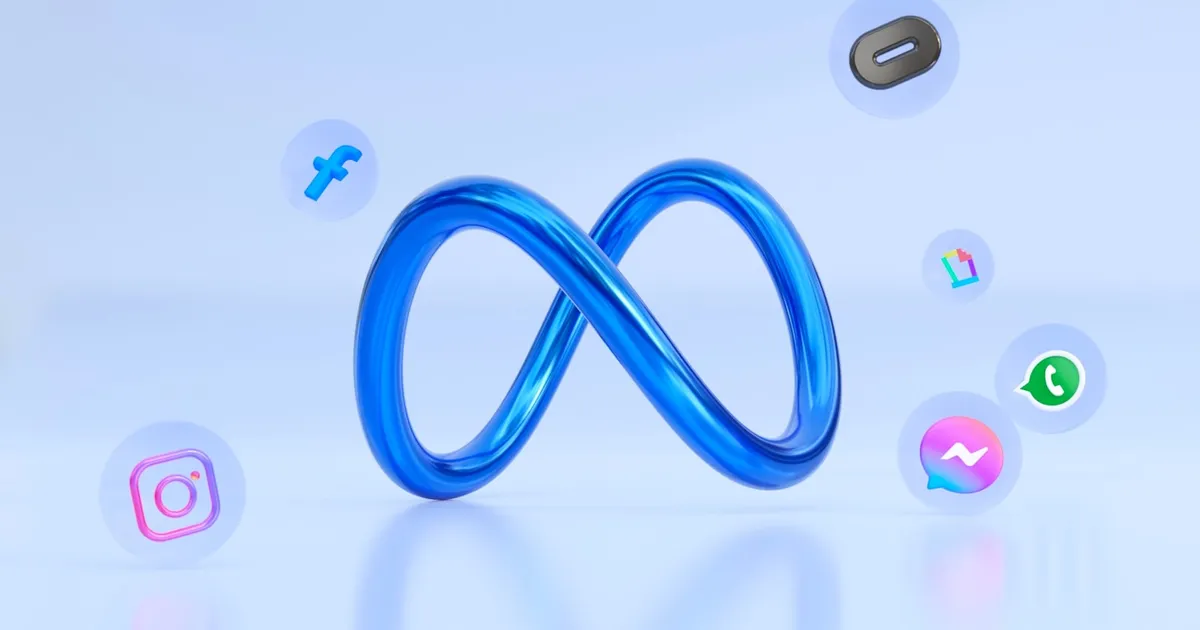 A 3D Meta infinity logo surrounded by floating app icons