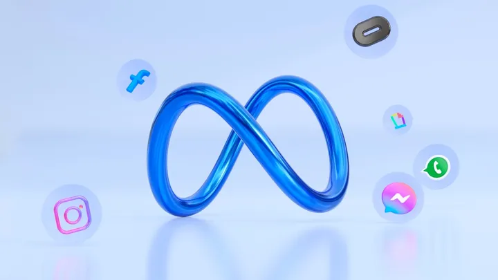 A 3D Meta infinity logo surrounded by floating app icons