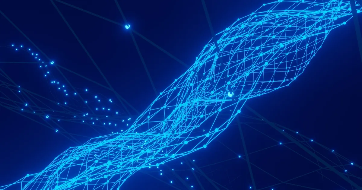 A glowing band of blue particles and lines on a dark background