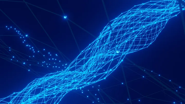Blue particle-wave patterns spreading across a dark background, evoking quantum states