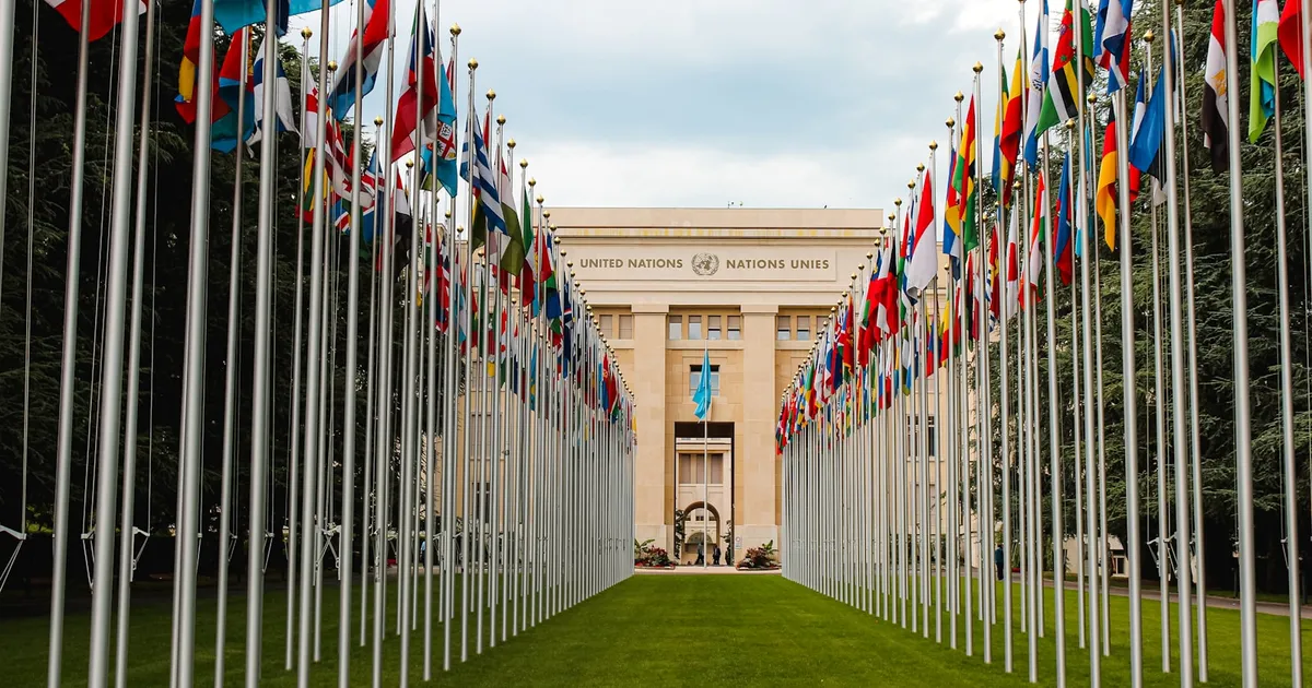 Rows of national flags outside an international institution, representing global cooperation on AI